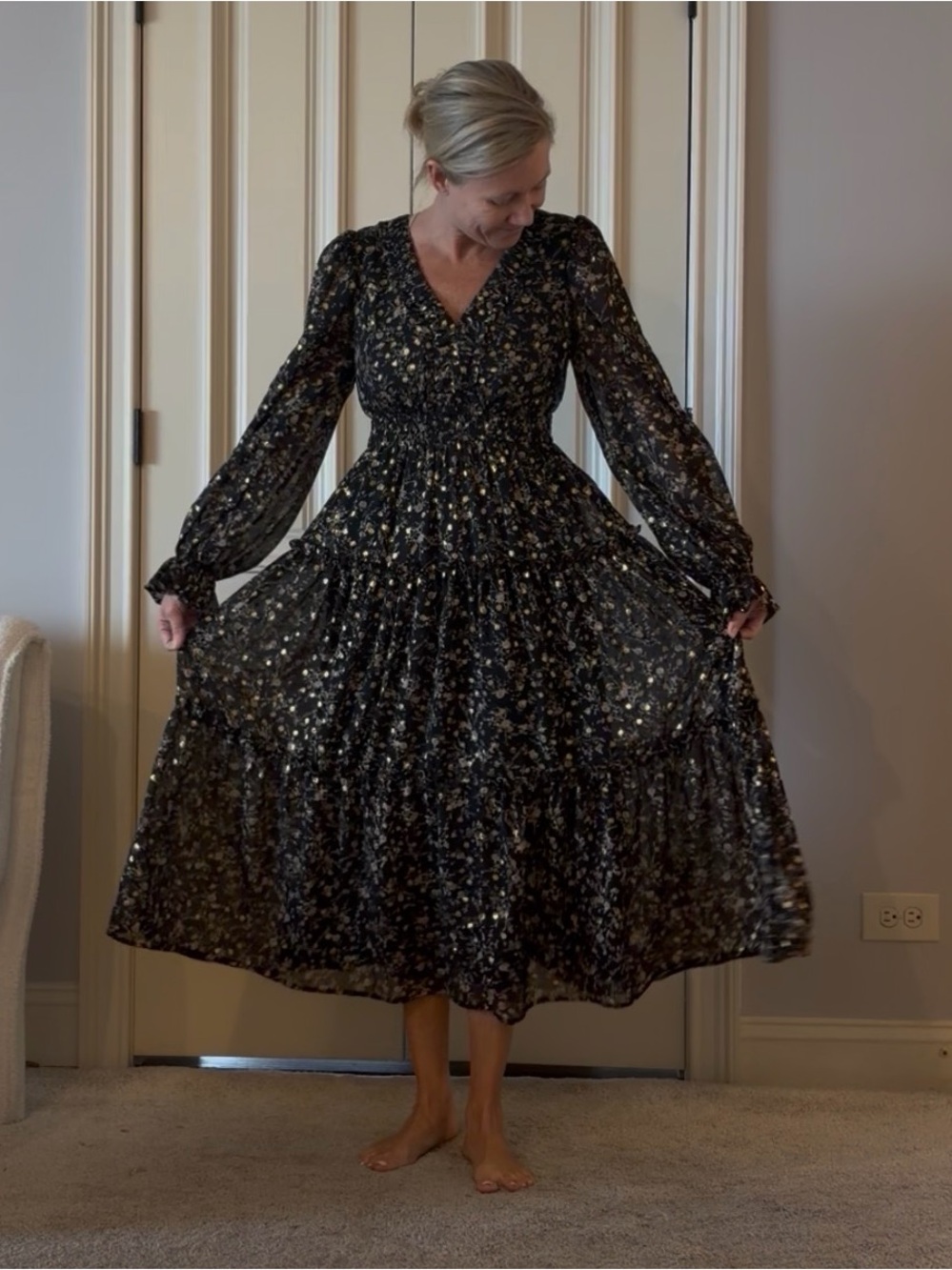 Black Floral Long-Sleeve Tiered Midi Dress